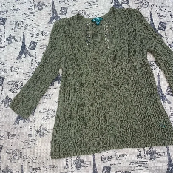 Lauren Ralph Lauren Olive Green Mercerized Cotton Crochet Eyelet V Neck Sweater - Picture 8 of 13